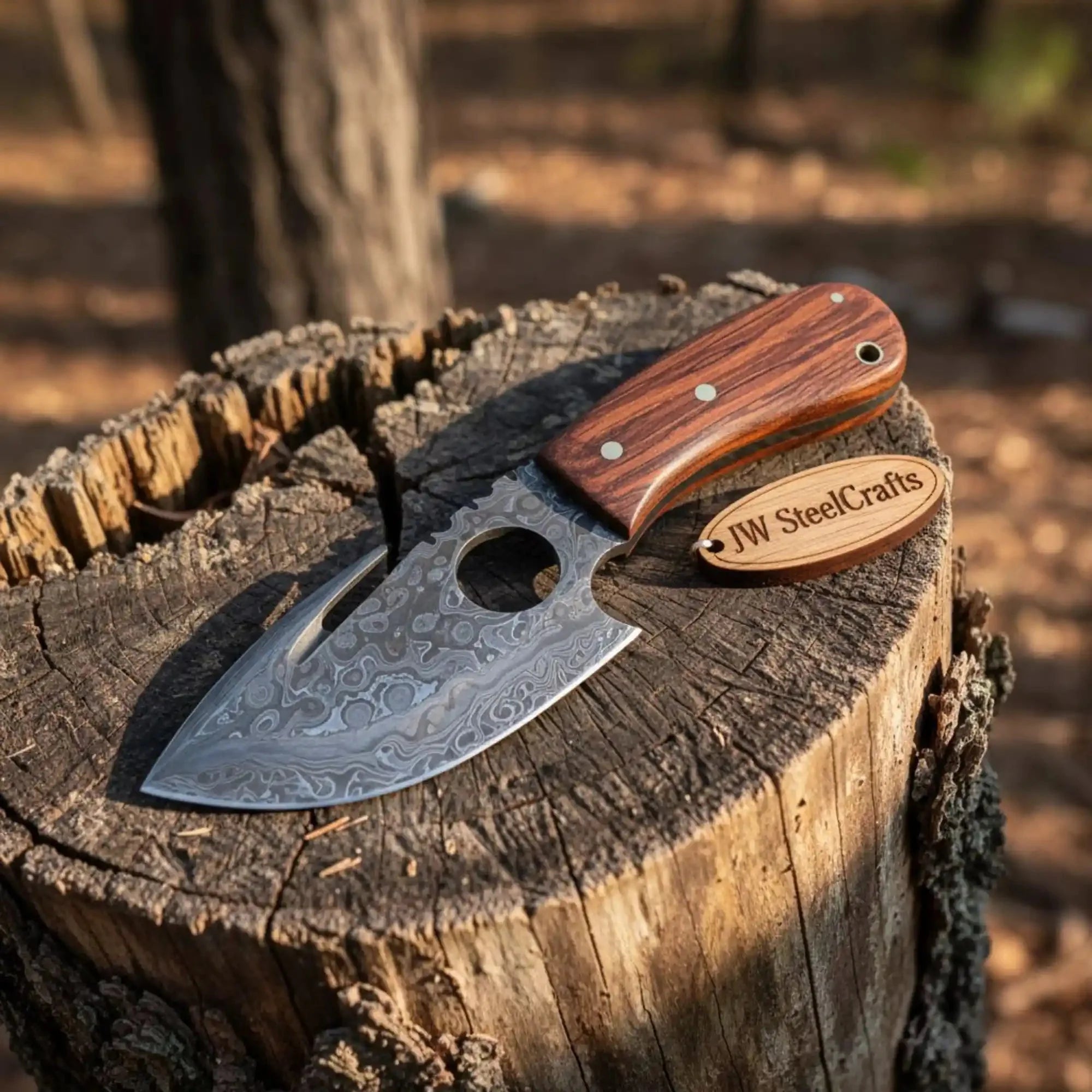 Damascus Gut hook Skinner Knife Raindrop pattern | two handle options