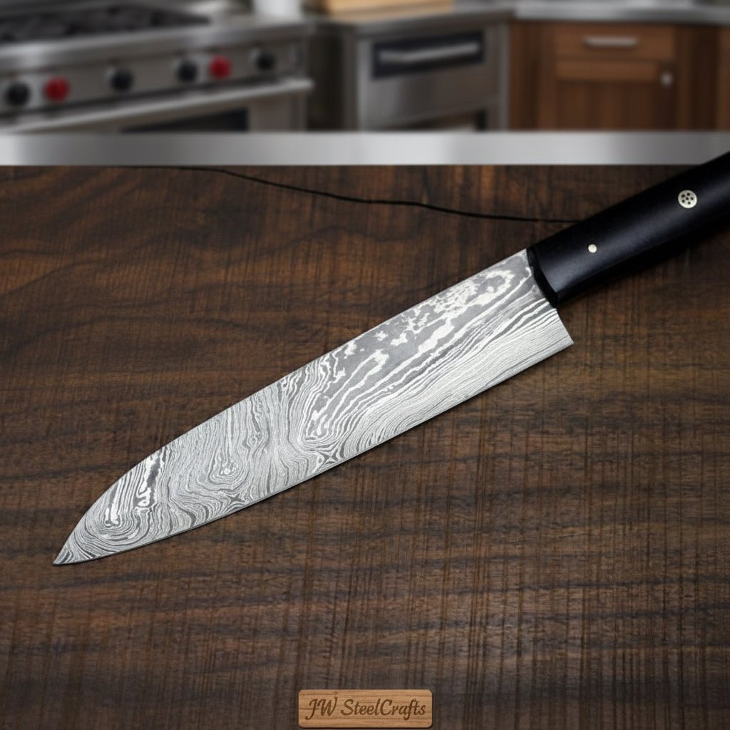 Damascus Gyuto and Petty Knife Set, Handmade Japanese Kitchen Knife Set, Forged Damascus Steel Chef Gyuto with Petty Utility Knife, Black Handle, JW SteelCrafts