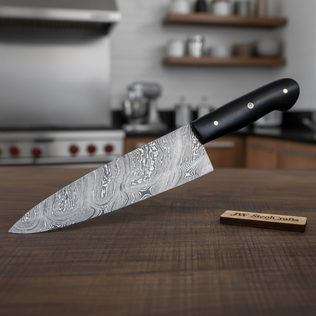 Damascus Gyuto and Petty Knife Set, Handmade Japanese Kitchen Knife Set, Forged Damascus Steel Chef Gyuto with Petty Utility Knife, Black Handle, JW SteelCrafts