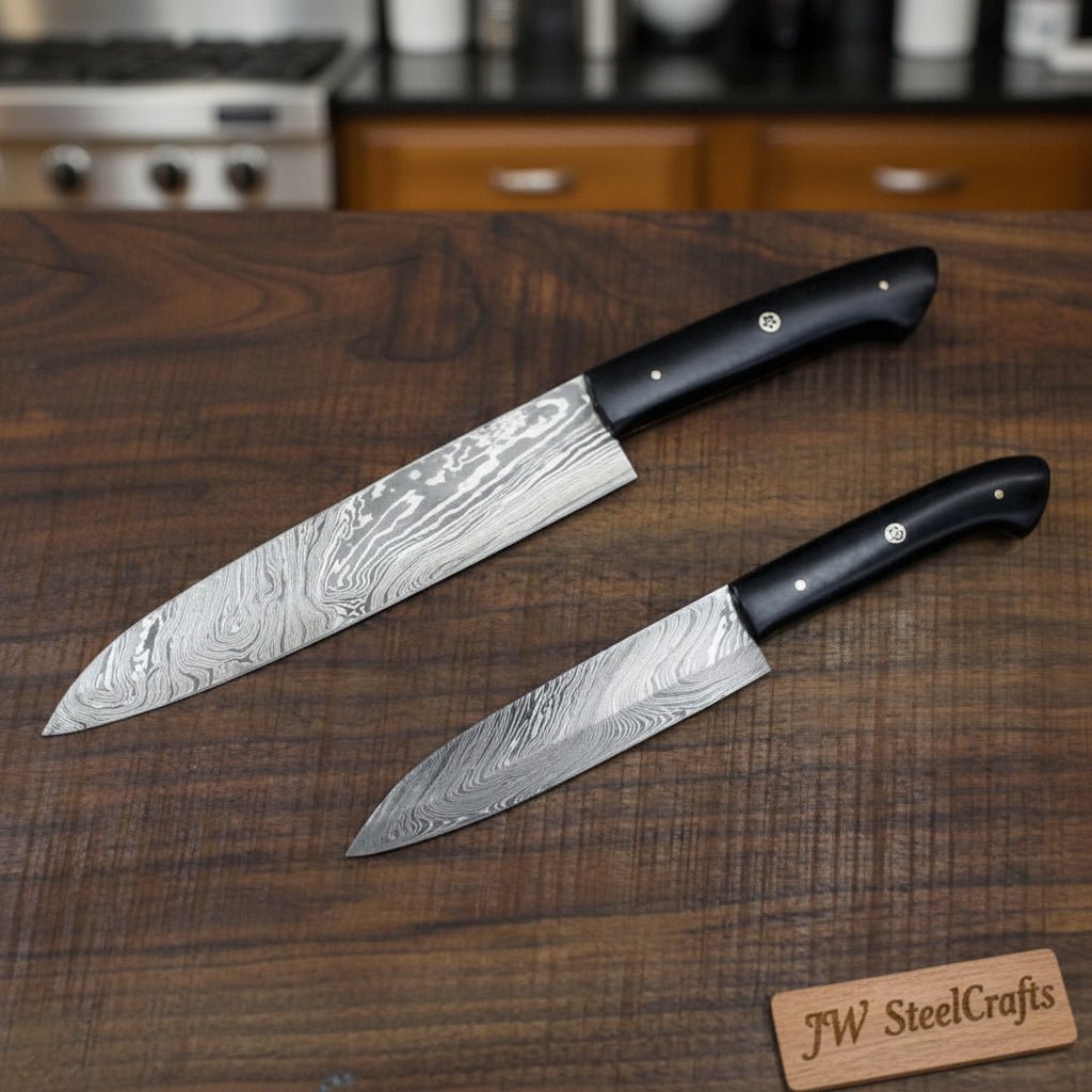 Damascus Gyuto and Petty Knife Set, Handmade Japanese Kitchen Knife Set, Forged Damascus Steel Chef Gyuto with Petty Utility Knife, Black Handle, JW SteelCrafts
