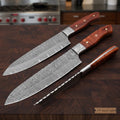Damascus Gyuto Knife pair, Handmade Japanese Gyuto Chef Knives with Forged Damascus Steel Kitchen Knife Set, Pakka Wood Handles, JW SteelCrafts