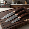 Damascus Gyuto, Utility, and Paring Knife Set, Handmade Japanese Kitchen Knife Set with Brass Engraved Bolsters, Forged Damascus Steel Chef Knife Set, Rosewood Handles, JW SteelCrafts