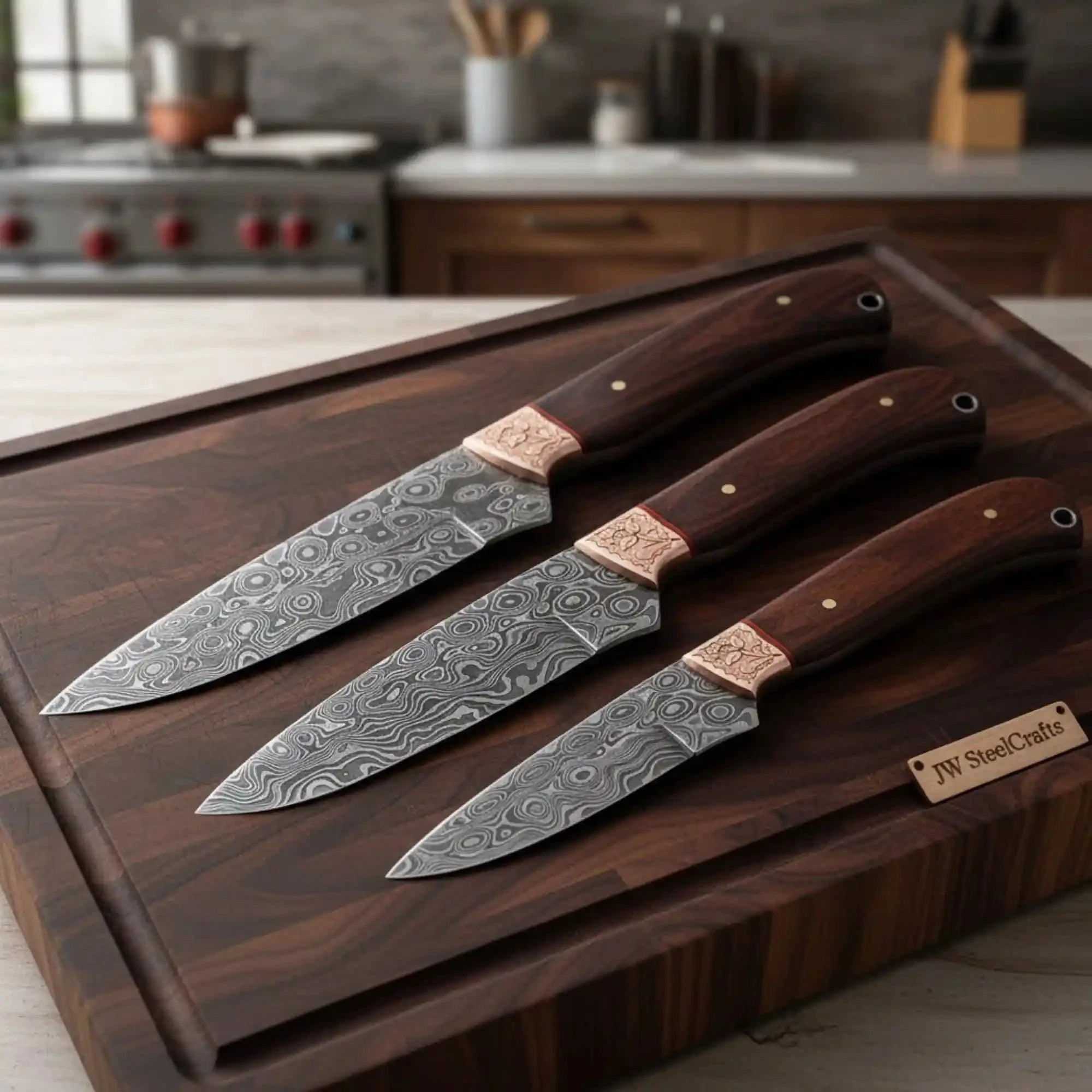 Damascus Gyuto, Utility, and Paring Knife Set, Handmade Japanese Kitchen Knife Set with Brass Engraved Bolsters, Forged Damascus Steel Chef Knife Set, Rosewood Handles, JW SteelCrafts