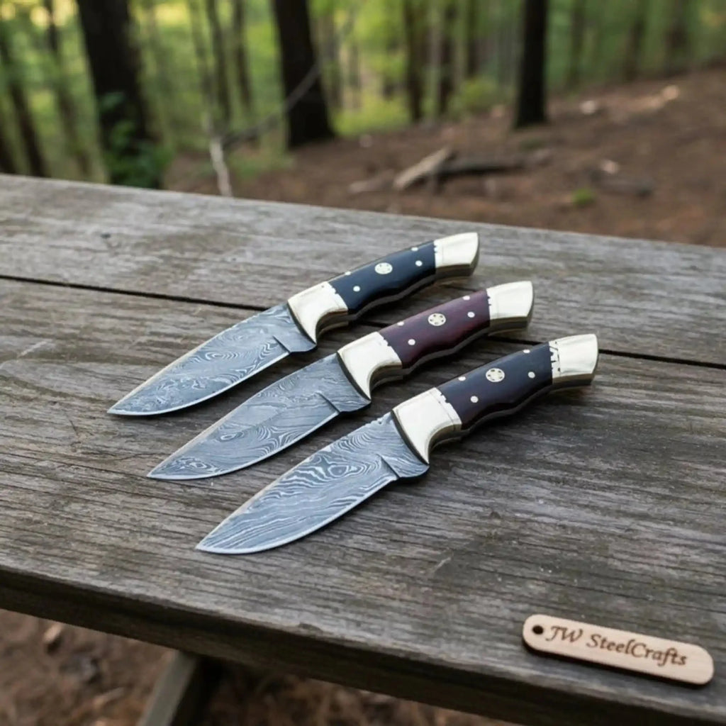 Damascus Hunting Knife Set Brass and Black Micarta Handle Fixed Blade Trio