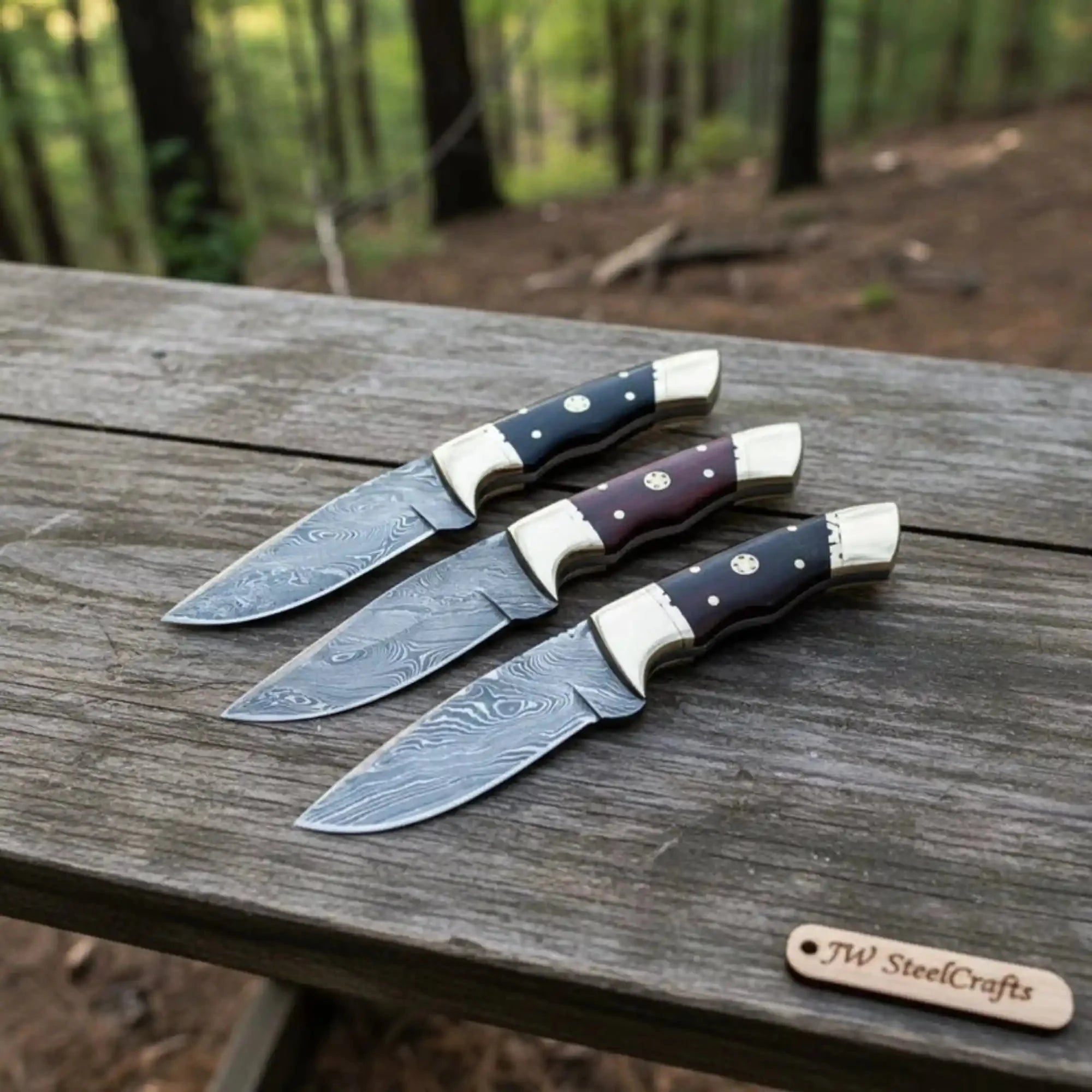 Damascus Hunting Knife Set Brass and Black Micarta Handle Fixed Blade Trio