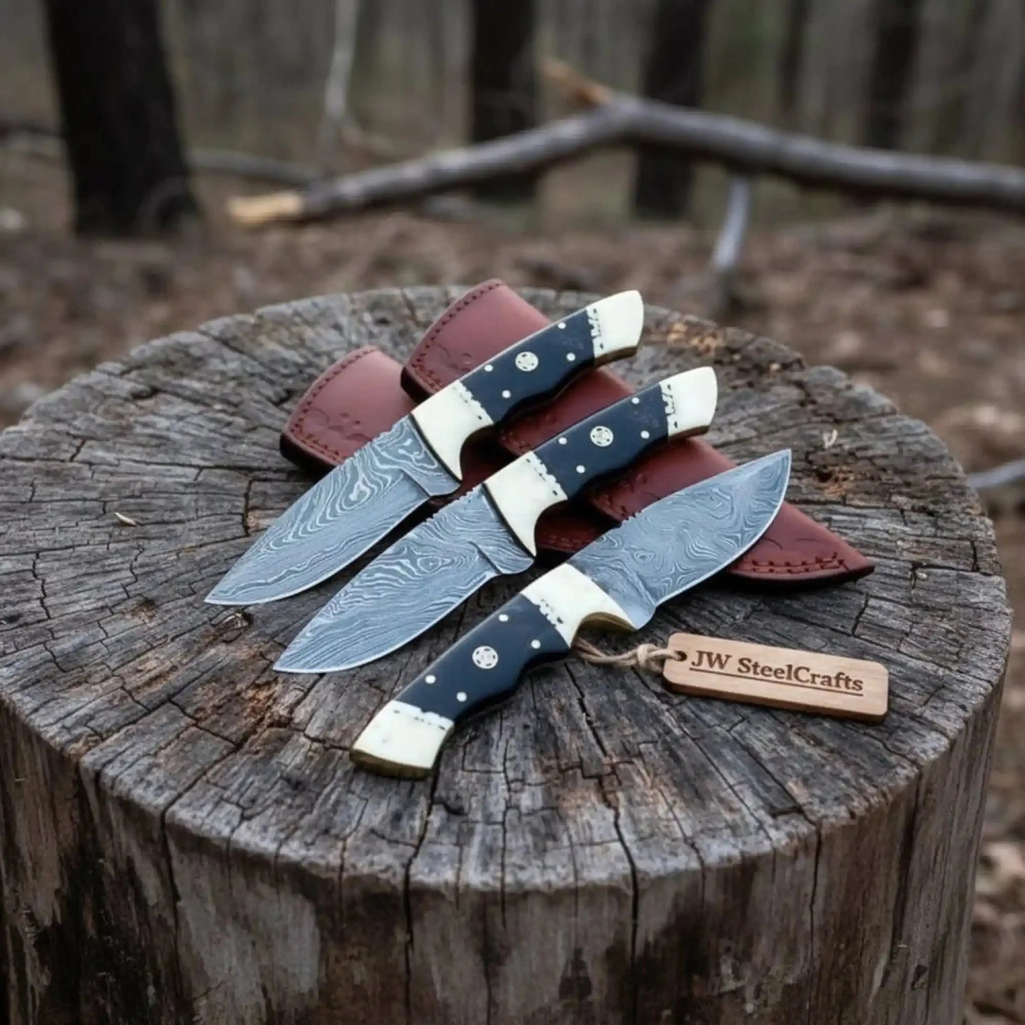 Damascus Hunting Knife Set Brass and Black Micarta Handle Fixed Blade Trio