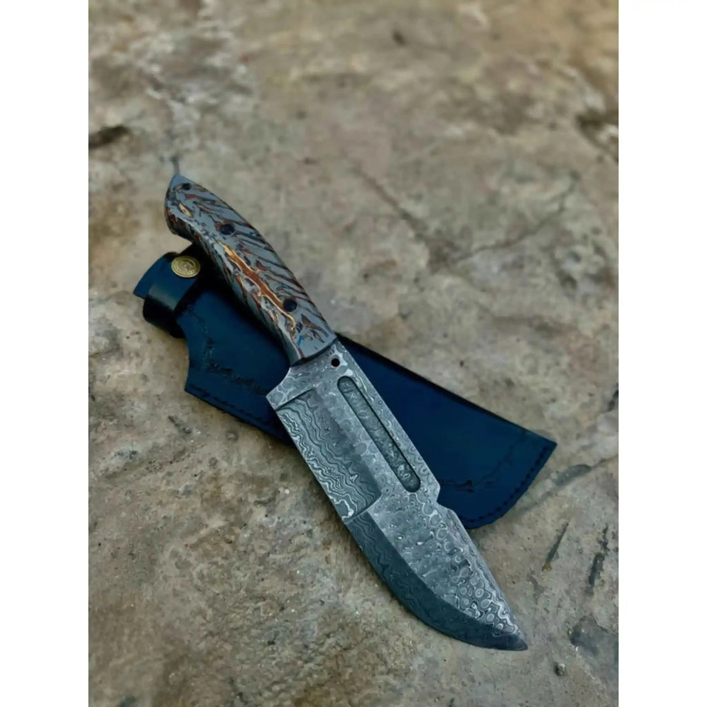 Damascus Hunting Knife with Grey Pinecone Handle | Full Tang + Black Leather Sheath