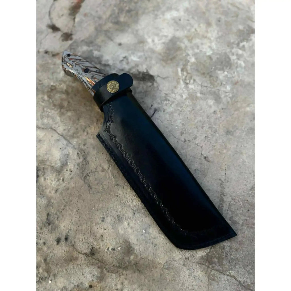 Damascus Hunting Knife with Grey Pinecone Handle | Full Tang + Black Leather Sheath
