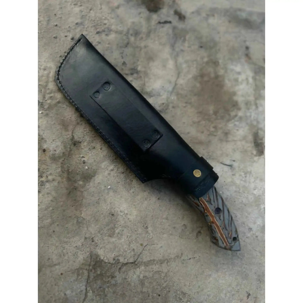 Damascus Hunting Knife with Grey Pinecone Handle | Full Tang + Black Leather Sheath