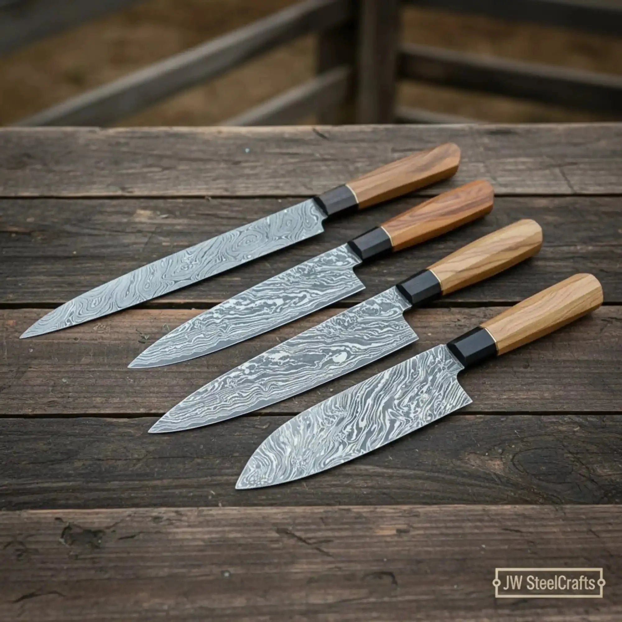Damascus Knives Sujihiki, Gyuto, Santoku & Nakiri Set – Olive Wood Handles