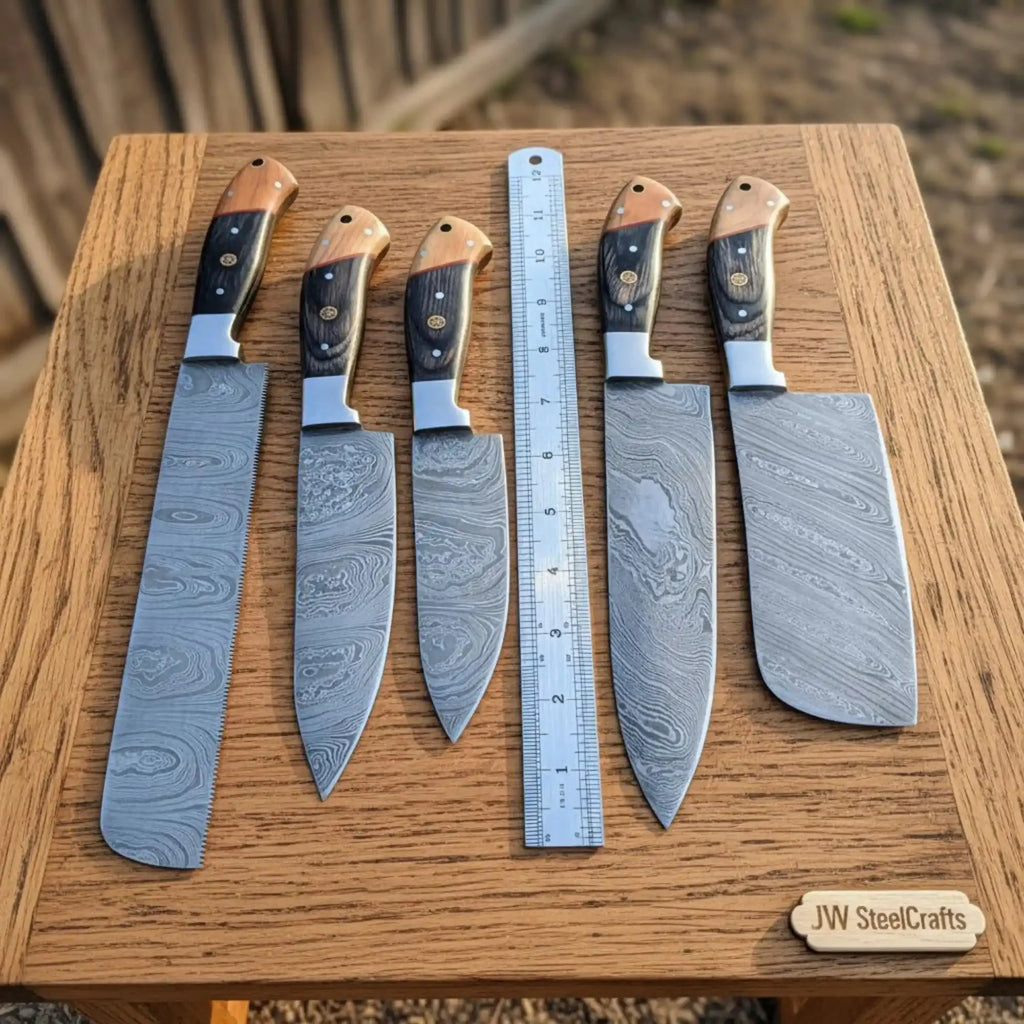 Damascus Multi-Blade Chef Set — Caidao Cleaver, Santoku, Drop-Point Chef & Utility Knives — Olive/Black Pakka Wood, Full Tang