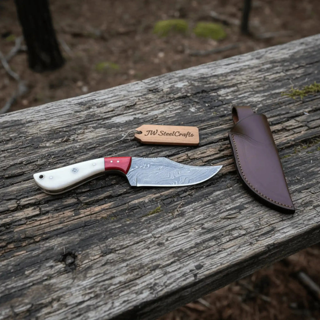 Damascus Skinner Knife Bone Red Pakka 6” Overall