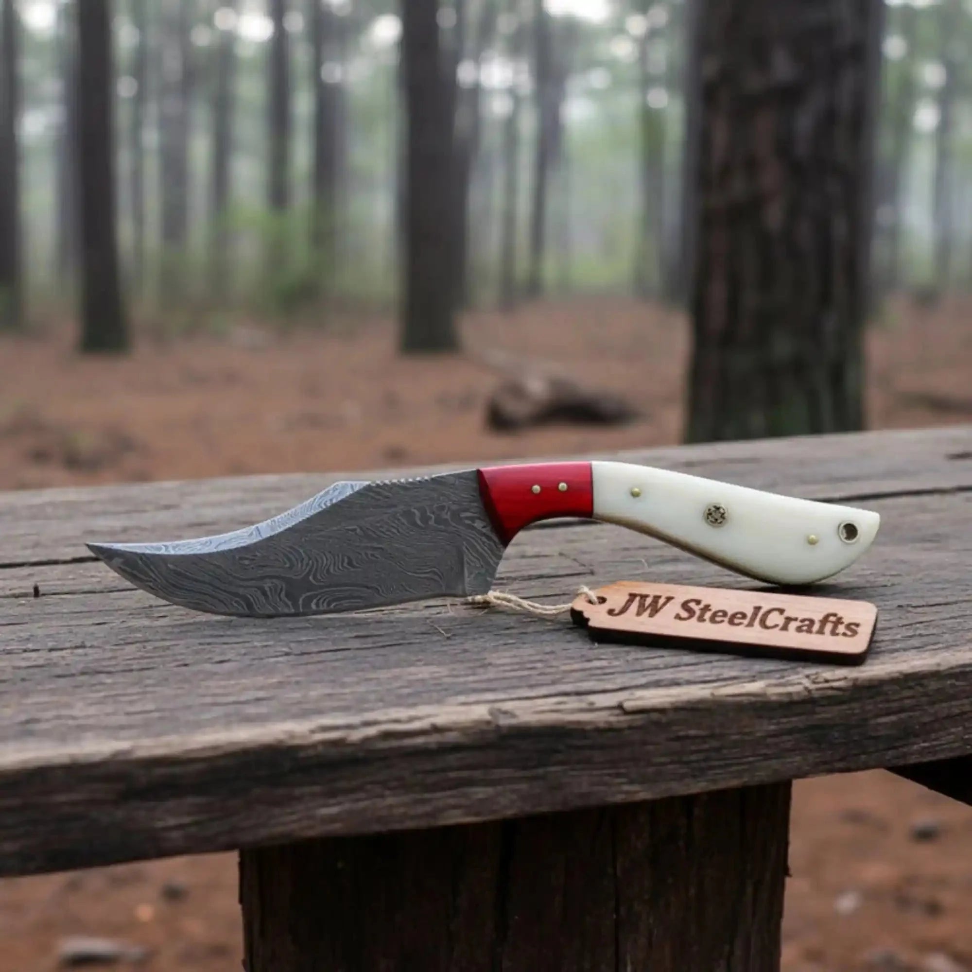 Damascus Skinner Knife Bone Red Pakka 6” Overall