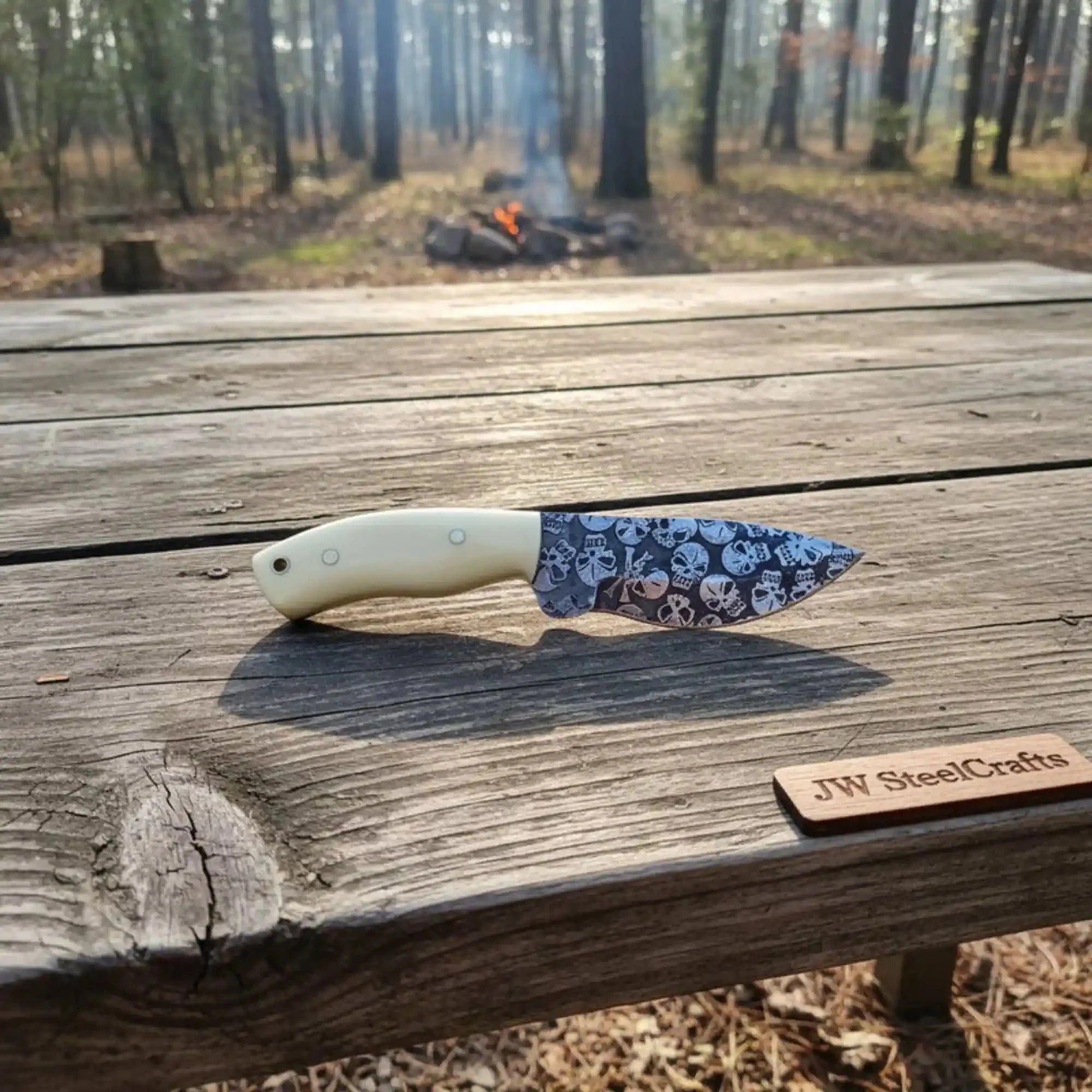 Damascus Skinner Knife White Resin Handle 7”