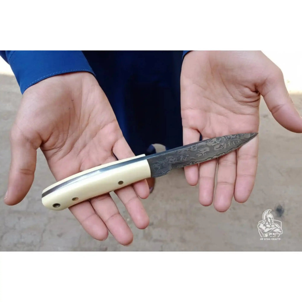 Damascus Skinner Knife White Resin Handle 7”