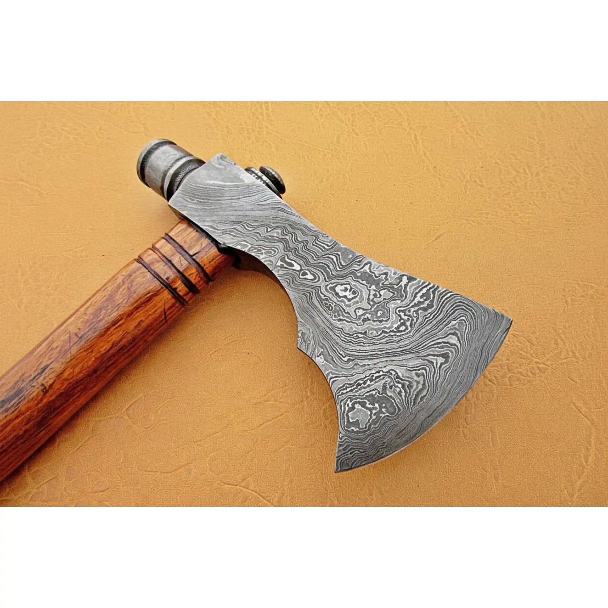 Damascus Smoking Axe with Leather Sheath and Ringed Rosewood Handle