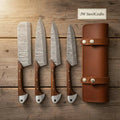 Damascus Steel 4-Piece Chef Knife Set w/ Leather Roll – Chinese Cleaver, Chef Knife, Slicing Knife & Utility – Wood Handle