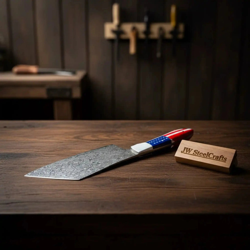 Damascus Steel Cleaver Knife with USA Flag Resin Handle | Handmade Kitchen Utility Knife