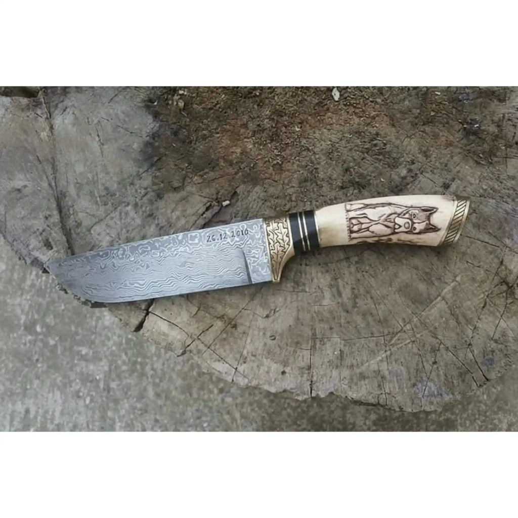 Damascus Steel Dog Engraved Bone Handle Hunting Skinner Knife – 10 Inch Overall l