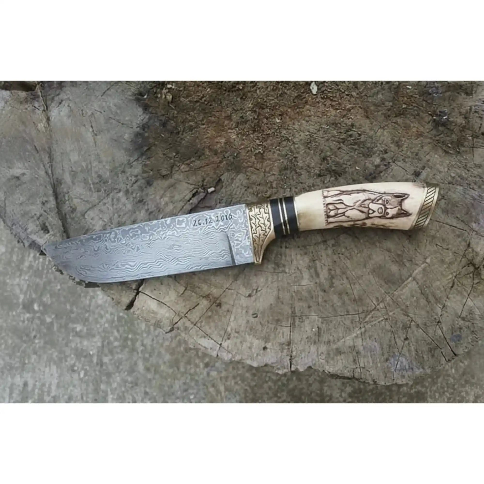 Damascus Steel Dog Engraved Bone Handle Hunting Skinner Knife – 10 Inch Overall l