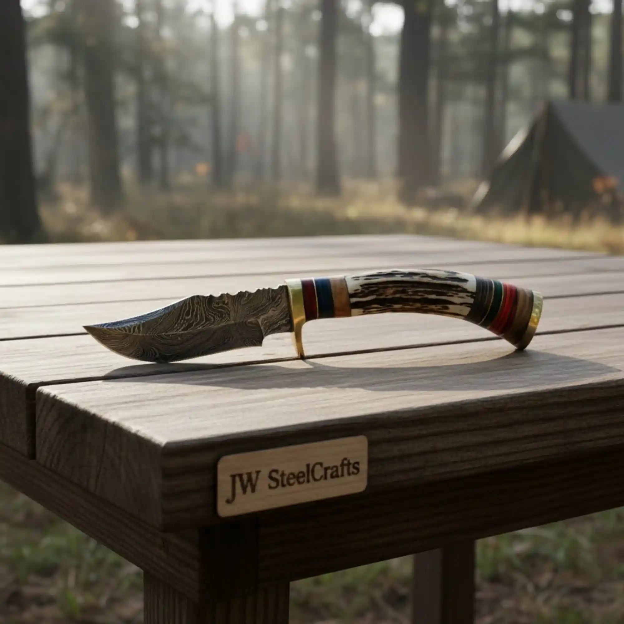 Damascus Steel Skinner Knife Deer Antler Handle Brass Guard Handmade Fixed Blade Hunting Knife