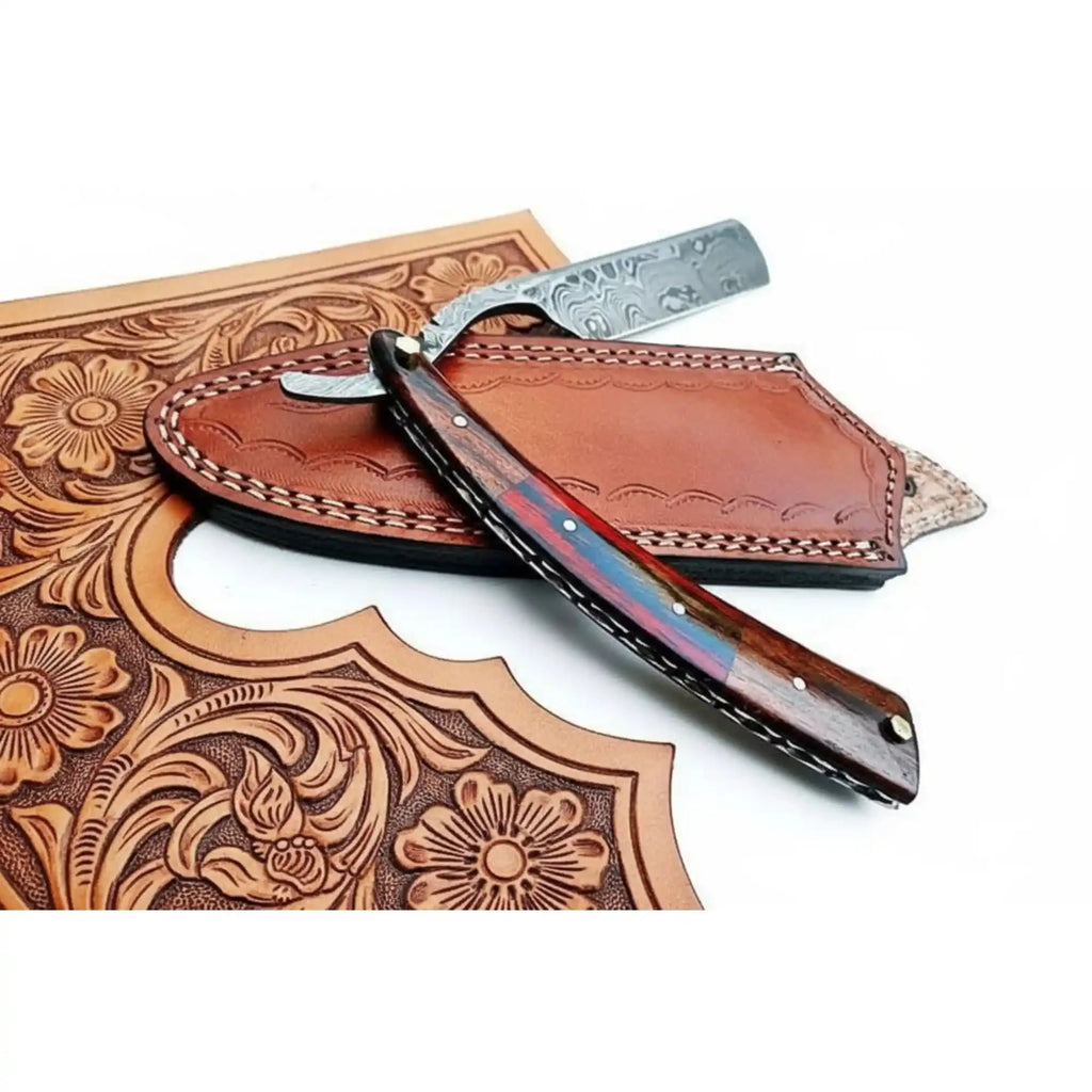 Damascus Steel Straight Barber Razor with Multicolor Wood Handle