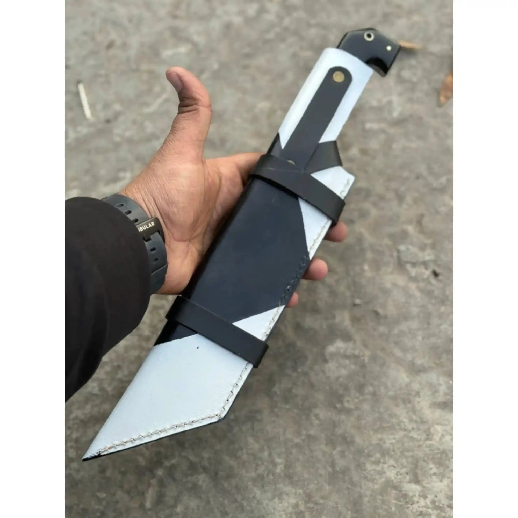 Damascus Steel Tracker Knife with Dual-Tone Bone & Black Handle | Handmade Leather Sheath