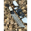 Damascus Steel Tracker Knife with Dual-Tone Bone & Black Handle | Handmade Leather Sheath