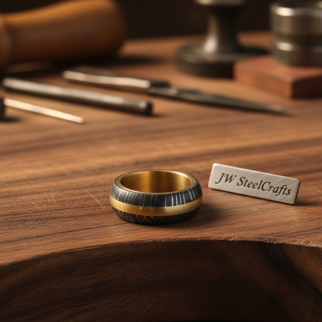 Damascus Steel Wedding Ring Twisted Pattern with Brass Inlay Band