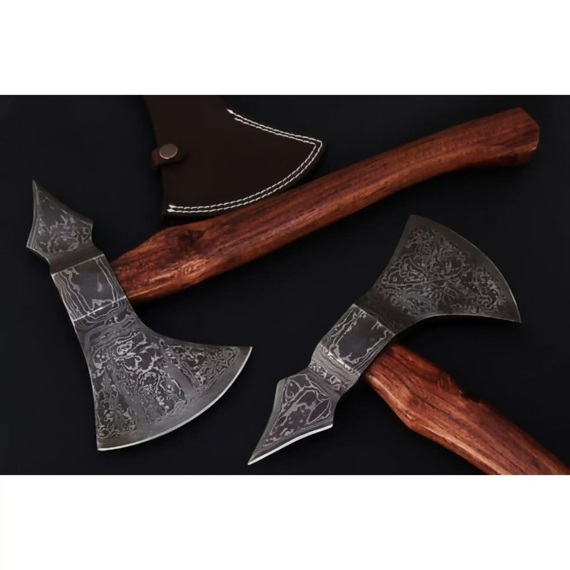 Double-Bit Damascus Axe Head with Rear Spike Variant