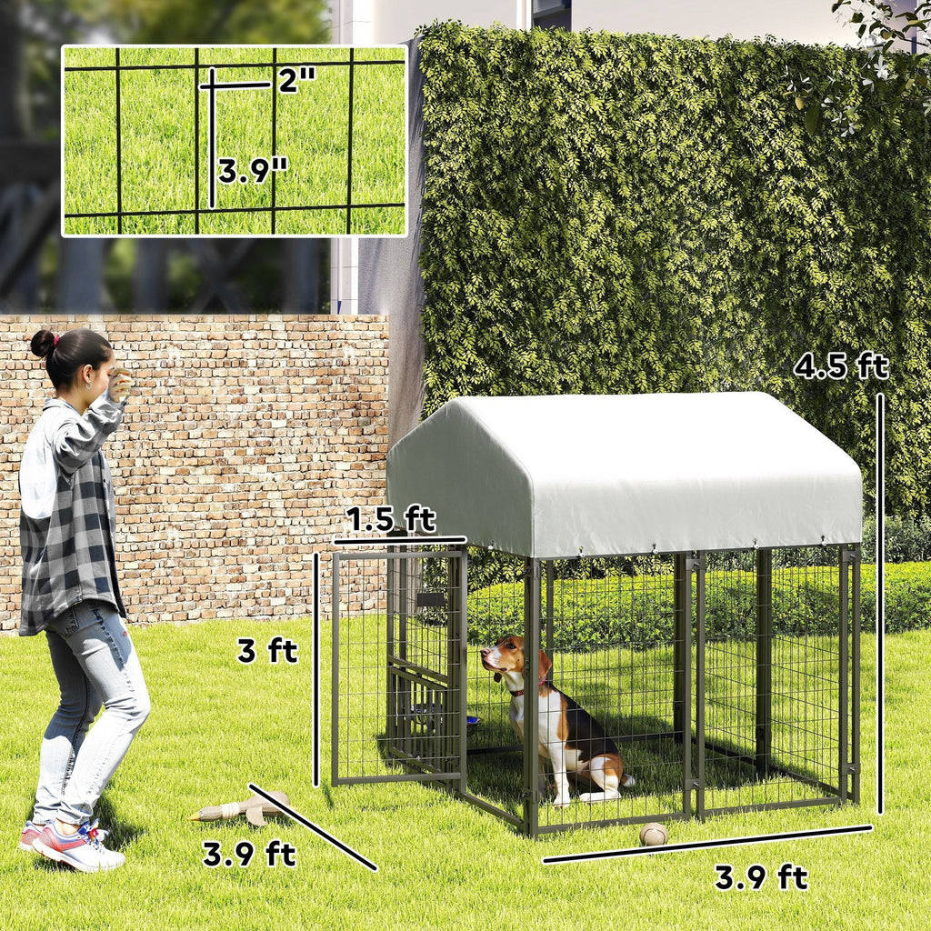 Welded Wire Dog Kennel with 360 Rotating & 4 Levels Adjustable Bowls, Waterproof Cover, 3.9 X 3.9 X 4.5