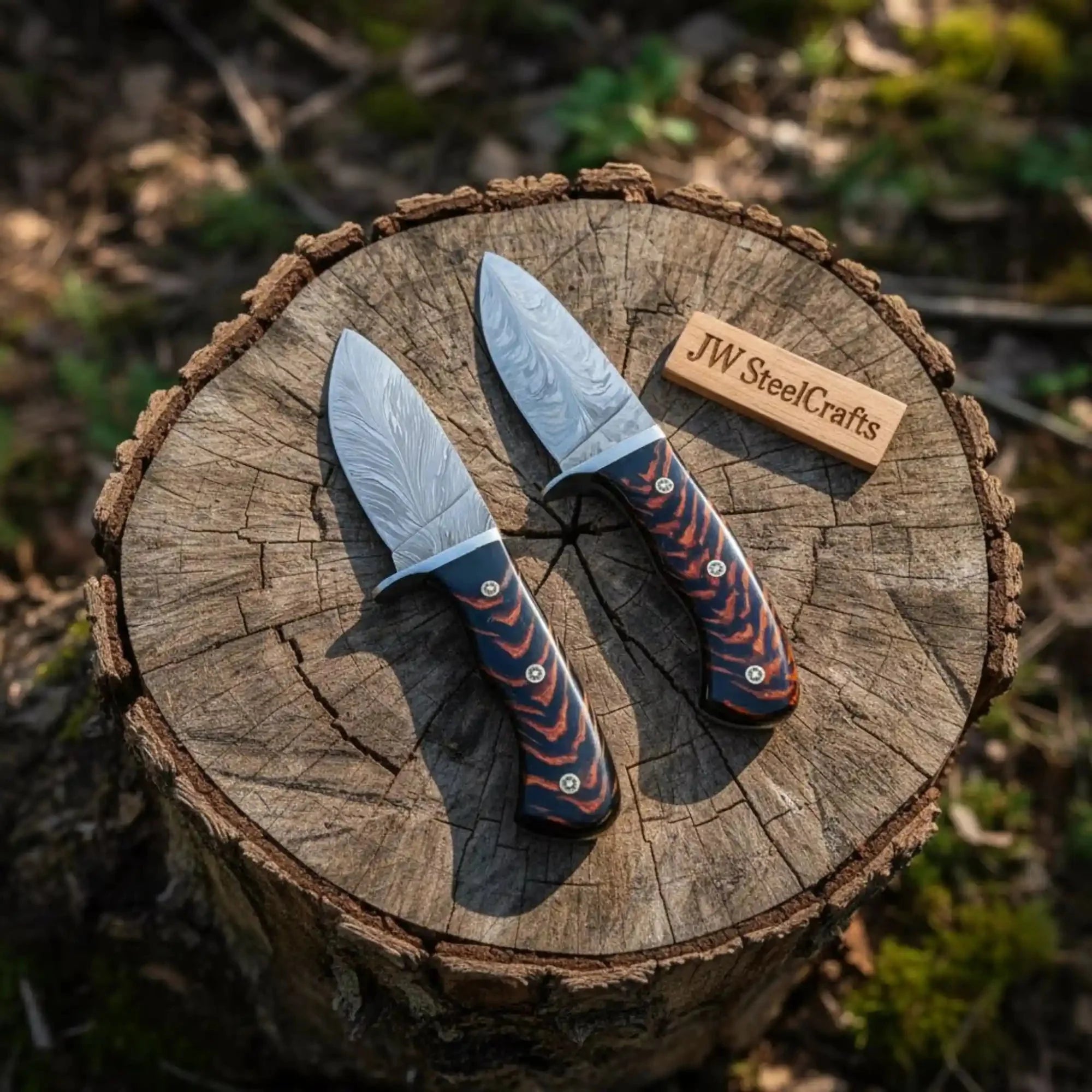 Feather Damascus Hunting Knife Set Fixed Blade