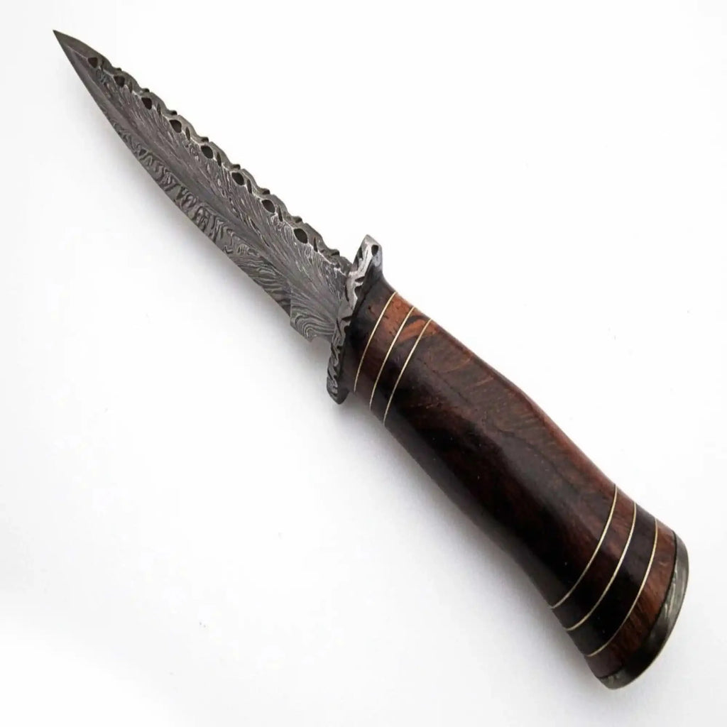 Feather Pattern Damascus Steel Frontier Bowie Knife, Hand Forged Clip Point Blade, Stacked Wood Handle, Full Tang Fixed Blade with Leather Sheath, 13 Inch Overall – JW SteelCrafts