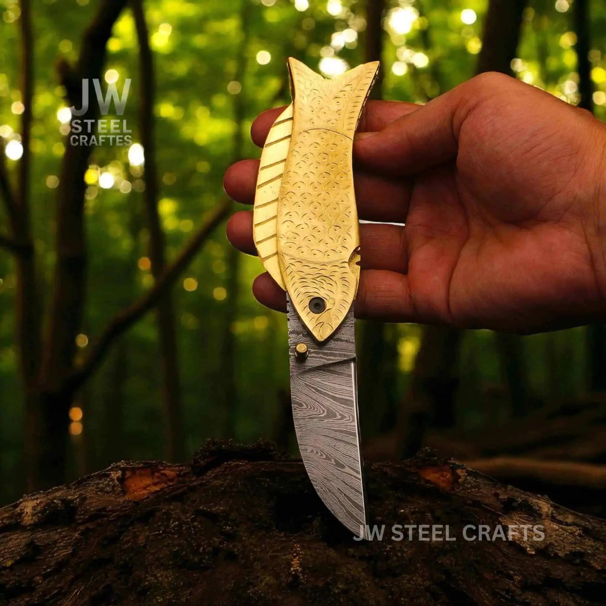 Fish-Style Damascus Folding Knife | 5 Color Variants | Hand-Engraved Collectible by JW SteelCrafts