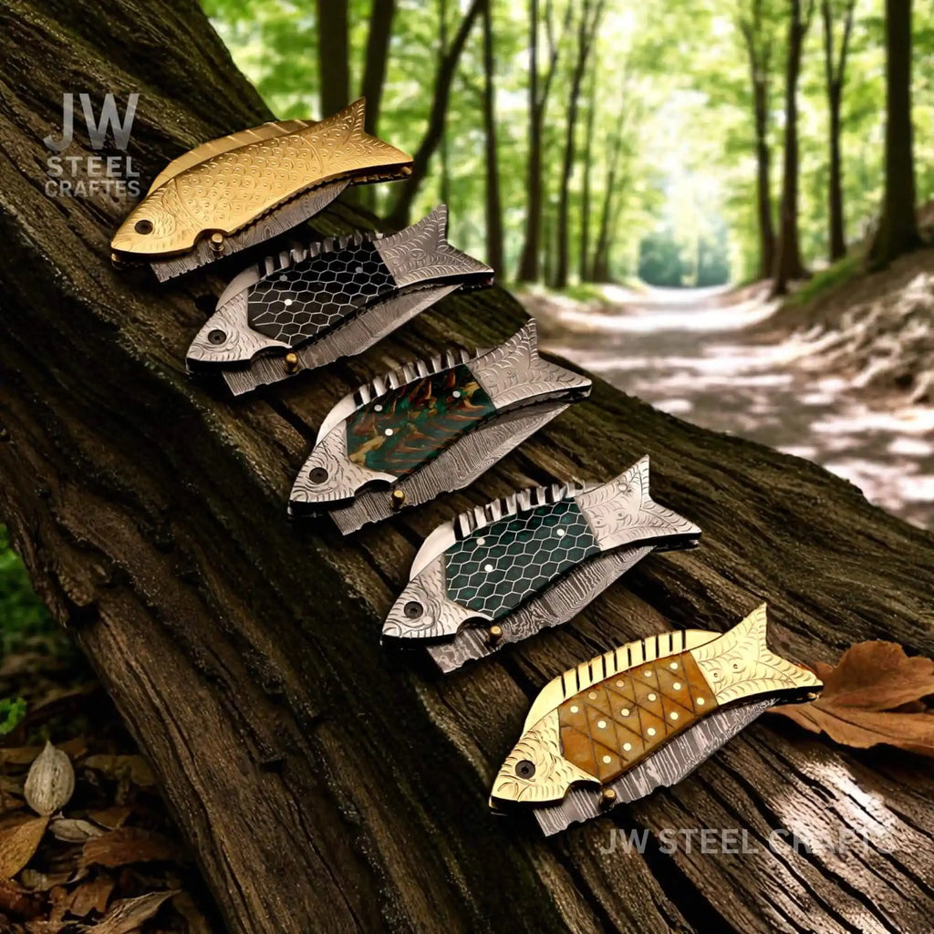 Fish-Style Damascus Folding Knife | 5 Color Variants | Hand-Engraved Collectible by JW SteelCrafts