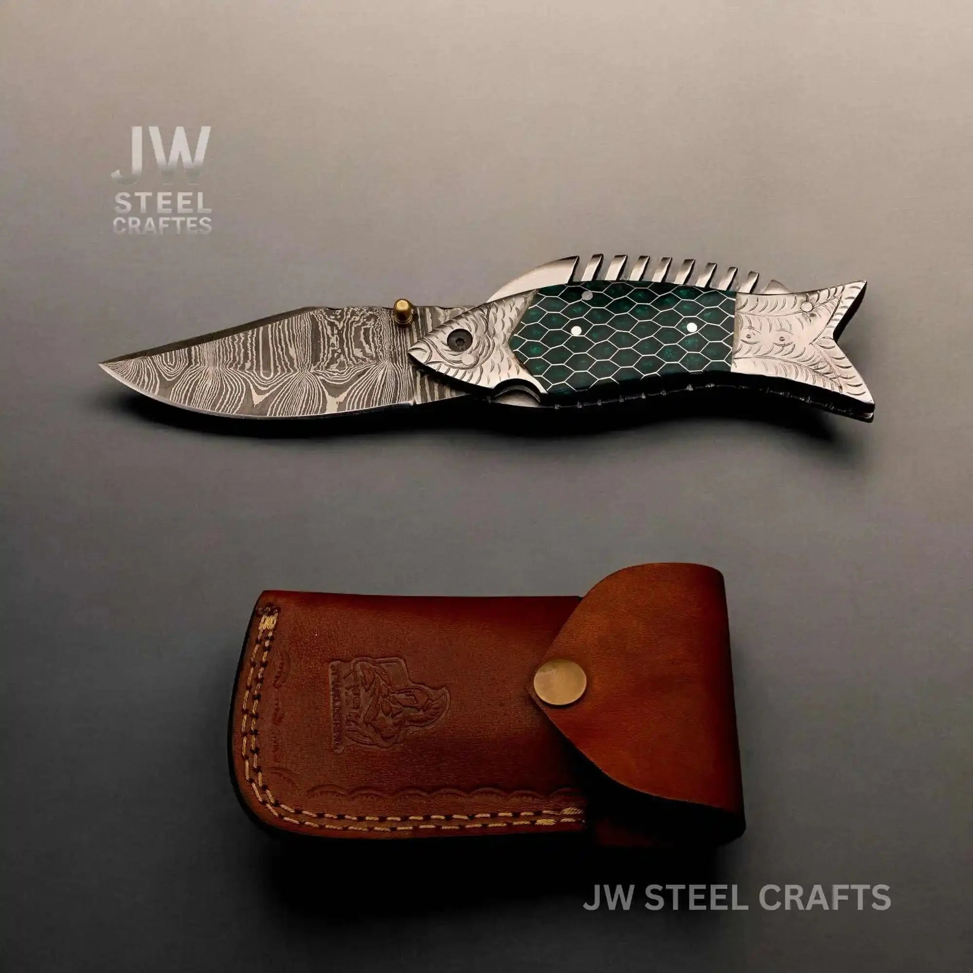 Fish-Style Damascus Folding Knife | 5 Color Variants | Hand-Engraved Collectible by JW SteelCrafts
