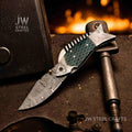 Fish-Style Damascus Folding Knife | 5 Color Variants | Hand-Engraved Collectible by JW SteelCrafts