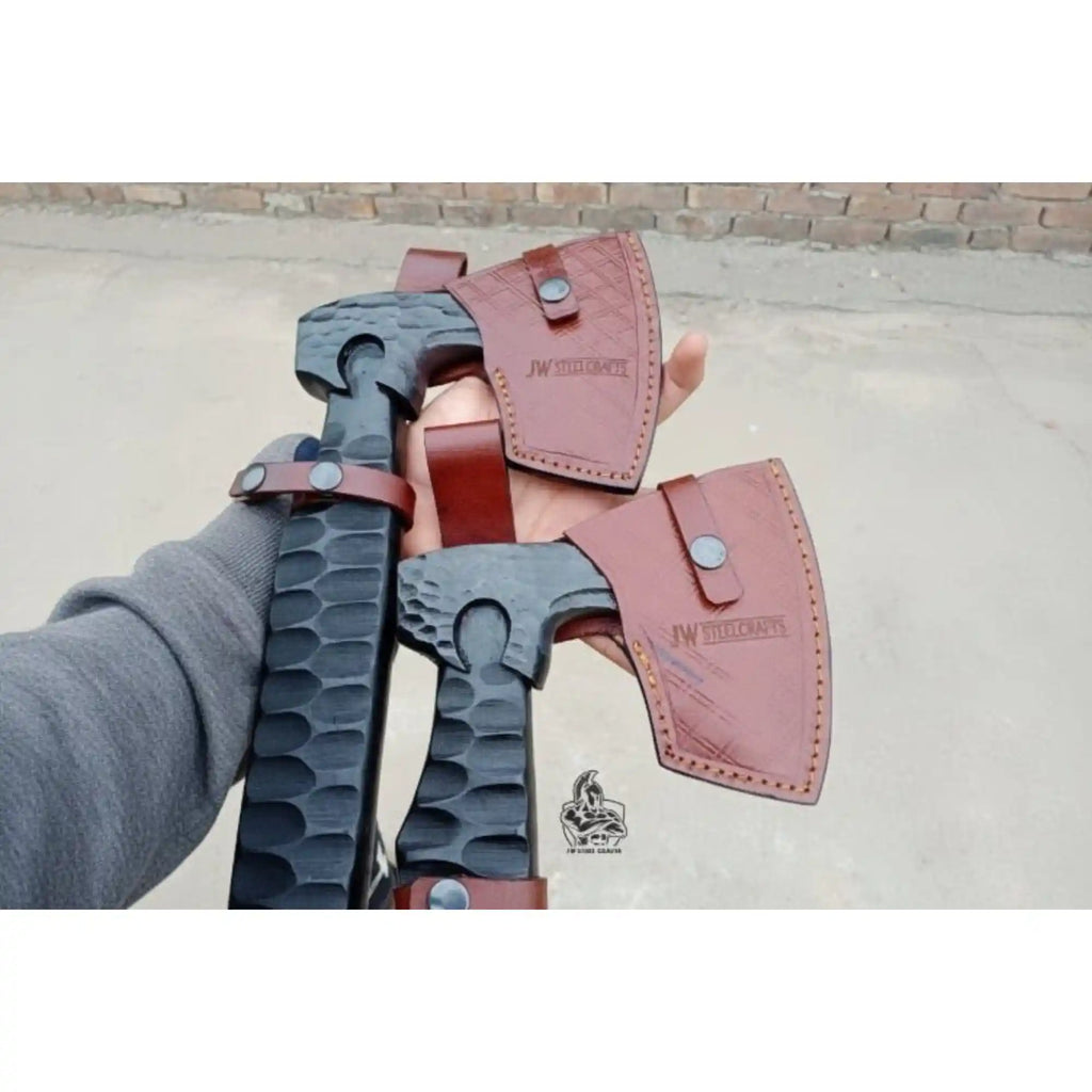 Forged Tool Axe Duo – Textured Steel Heads with Sculpted Hardwood Handles and Leather Sheaths