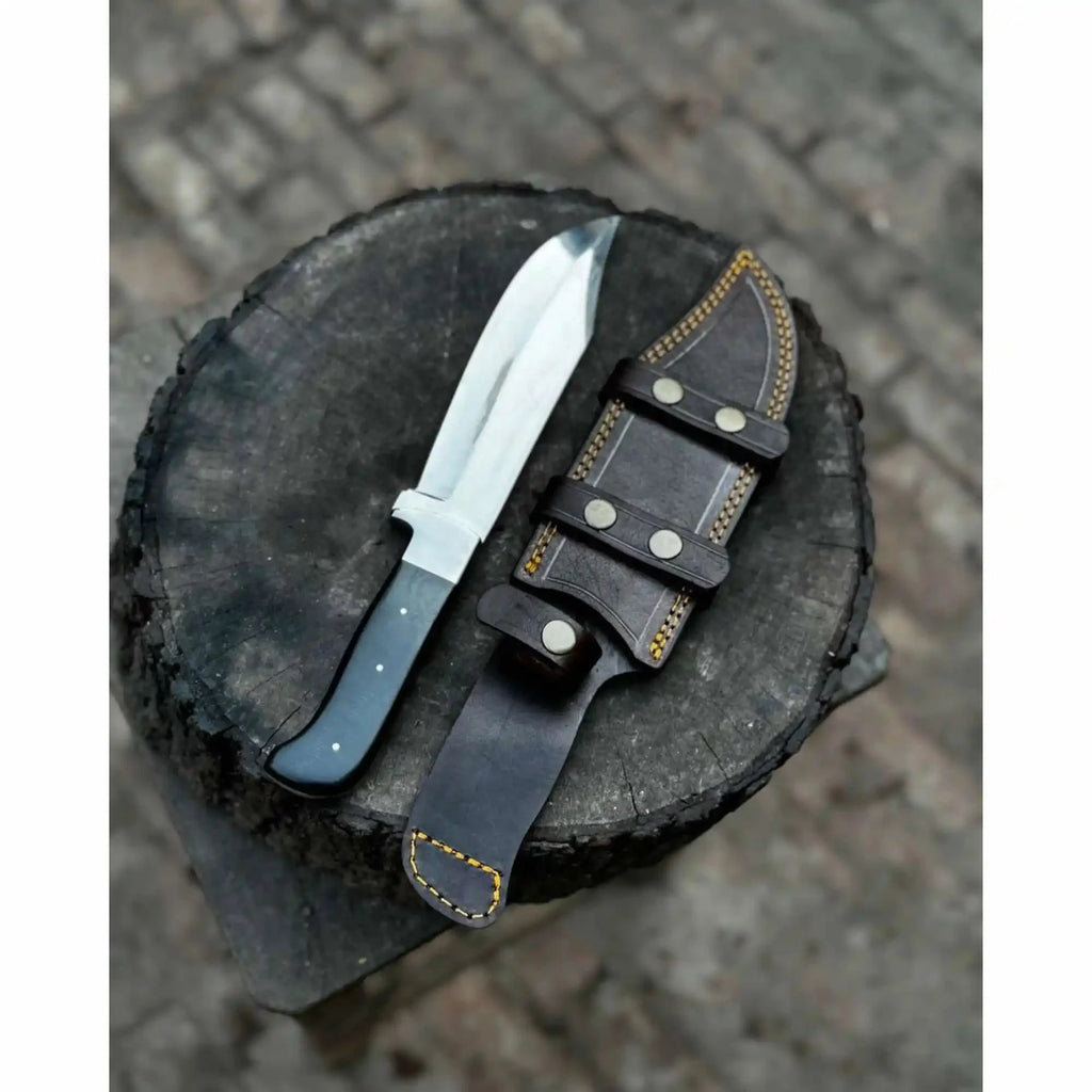 Frontier Bowie Knife, Hand Forged High Carbon Steel Clip Point Blade, Black Micarta Handle, Full Tang with Leather Sheath