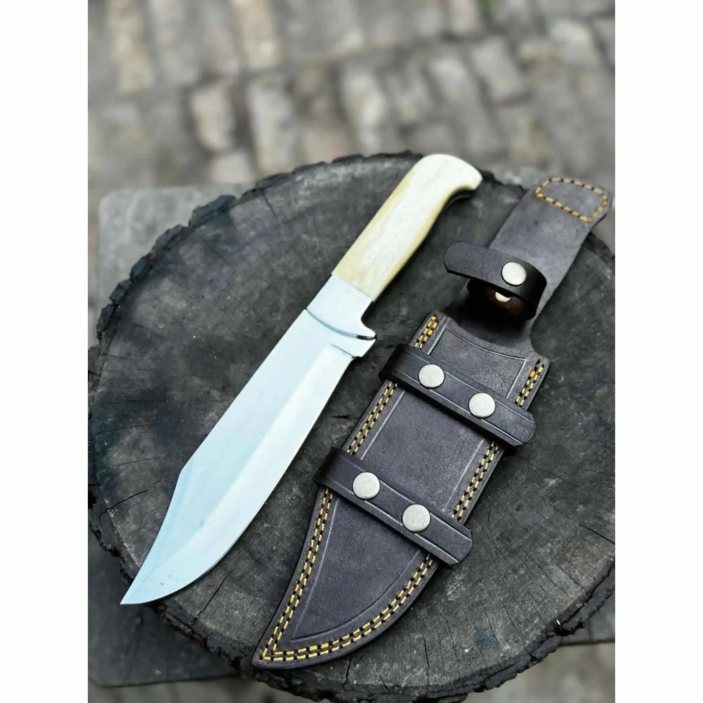 Frontier Bowie Knife, Hand Forged High Carbon Steel Clip Point Blade, Black Micarta Handle, Full Tang with Leather Sheath