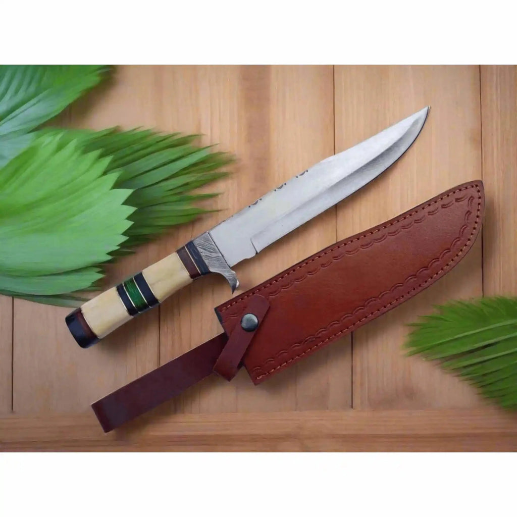 Frontier Bowie Knife, Jim Bowie Style Clip Point Knife, Hand Forged Mirror Polish Blade, Stacked Bone Handle, Traditional American Bowie with Leather Sheath