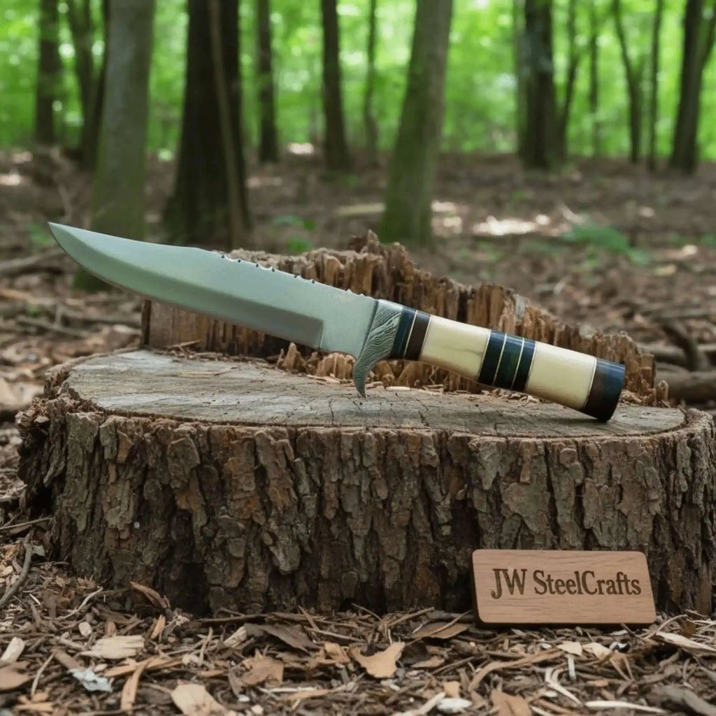 Frontier Bowie Knife, Jim Bowie Style Clip Point Knife, Hand Forged Mirror Polish Blade, Stacked Bone Handle, Traditional American Bowie with Leather Sheath