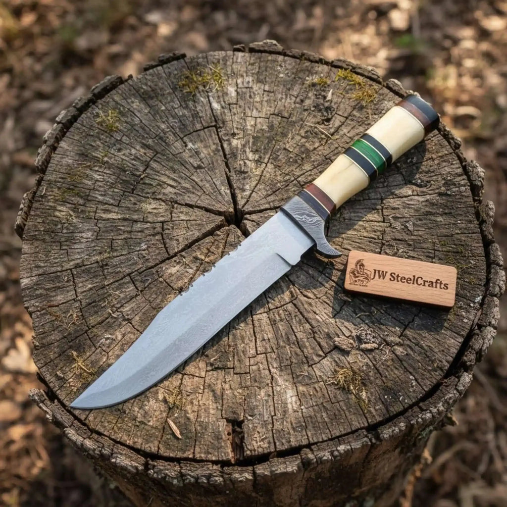 Frontier Bowie Knife, Jim Bowie Style Clip Point Knife, Hand Forged Mirror Polish Blade, Stacked Bone Handle, Traditional American Bowie with Leather Sheath