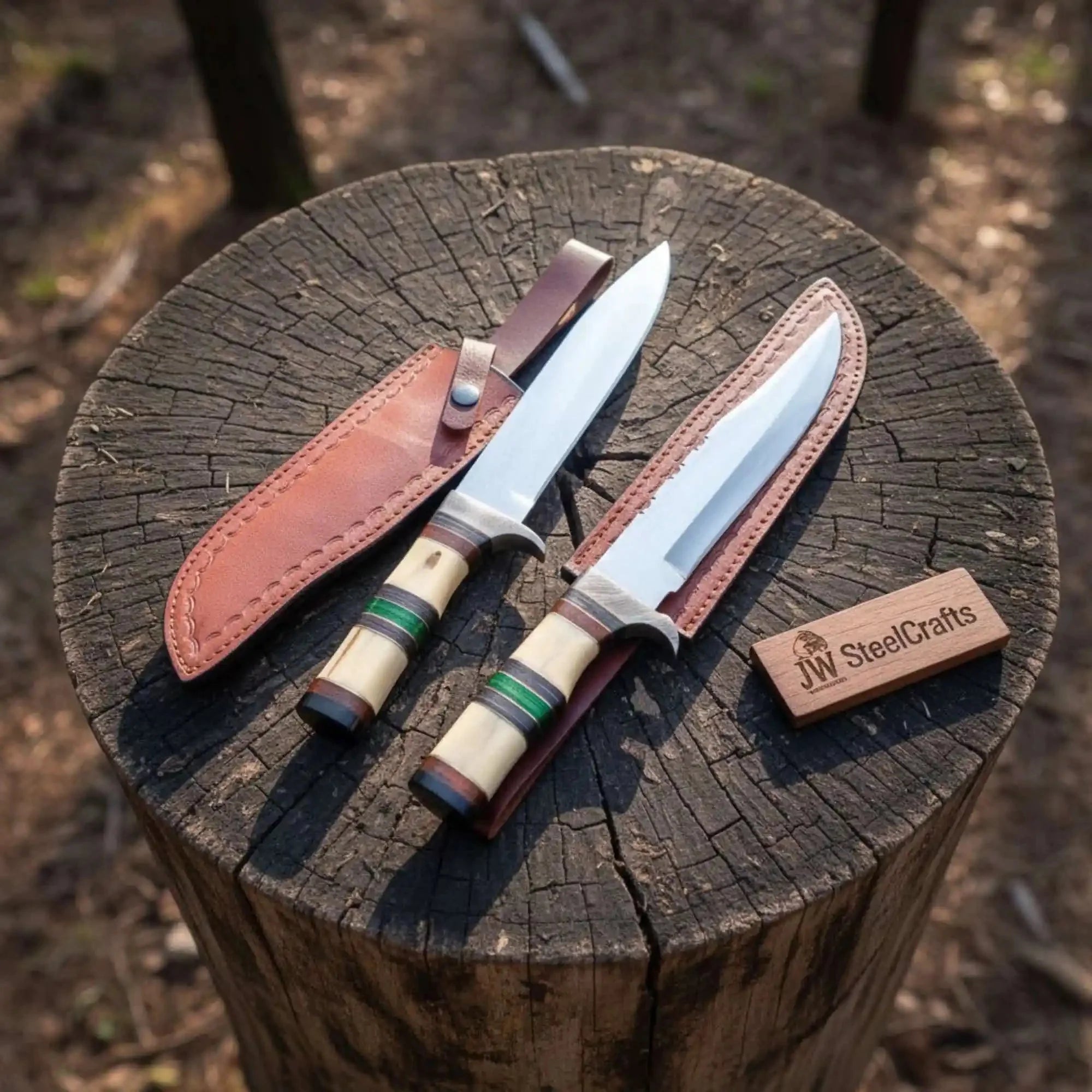 Frontier Bowie Knife Set, Matched Pair Jim Bowie Style Clip Point Knives, Hand Forged Mirror Polish Blades, Stacked Bone Handles, Traditional American Bowie Set with Leather Sheaths