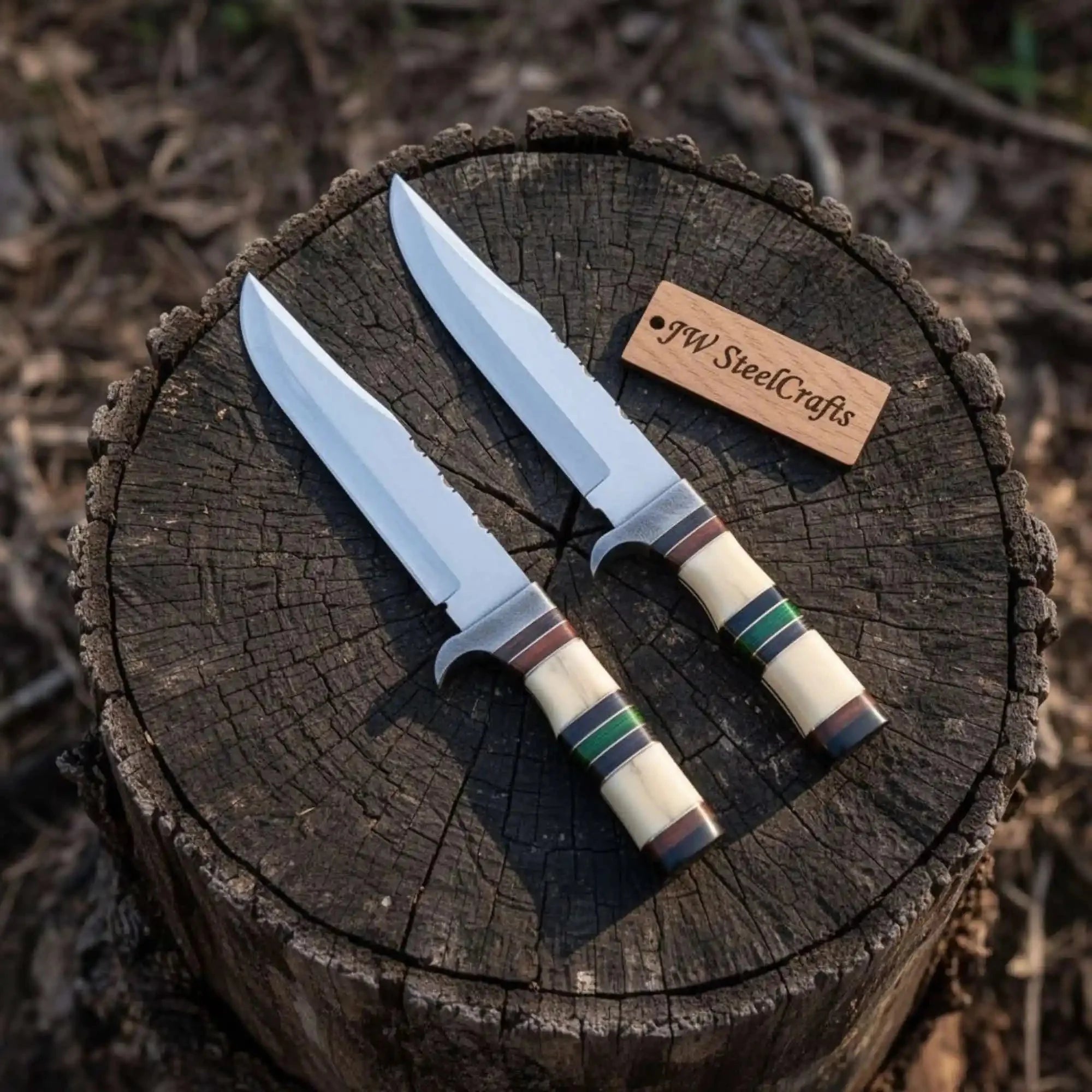 Frontier Bowie Knife Set, Matched Pair Jim Bowie Style Clip Point Knives, Hand Forged Mirror Polish Blades, Stacked Bone Handles, Traditional American Bowie Set with Leather Sheaths