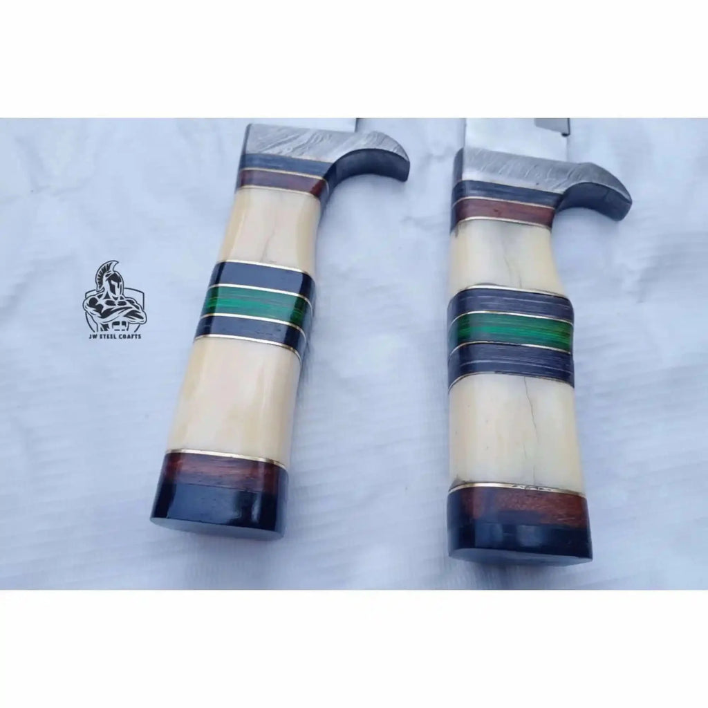 Frontier Bowie Knife Set, Matched Pair Jim Bowie Style Clip Point Knives, Hand Forged Mirror Polish Blades, Stacked Bone Handles, Traditional American Bowie Set with Leather Sheaths