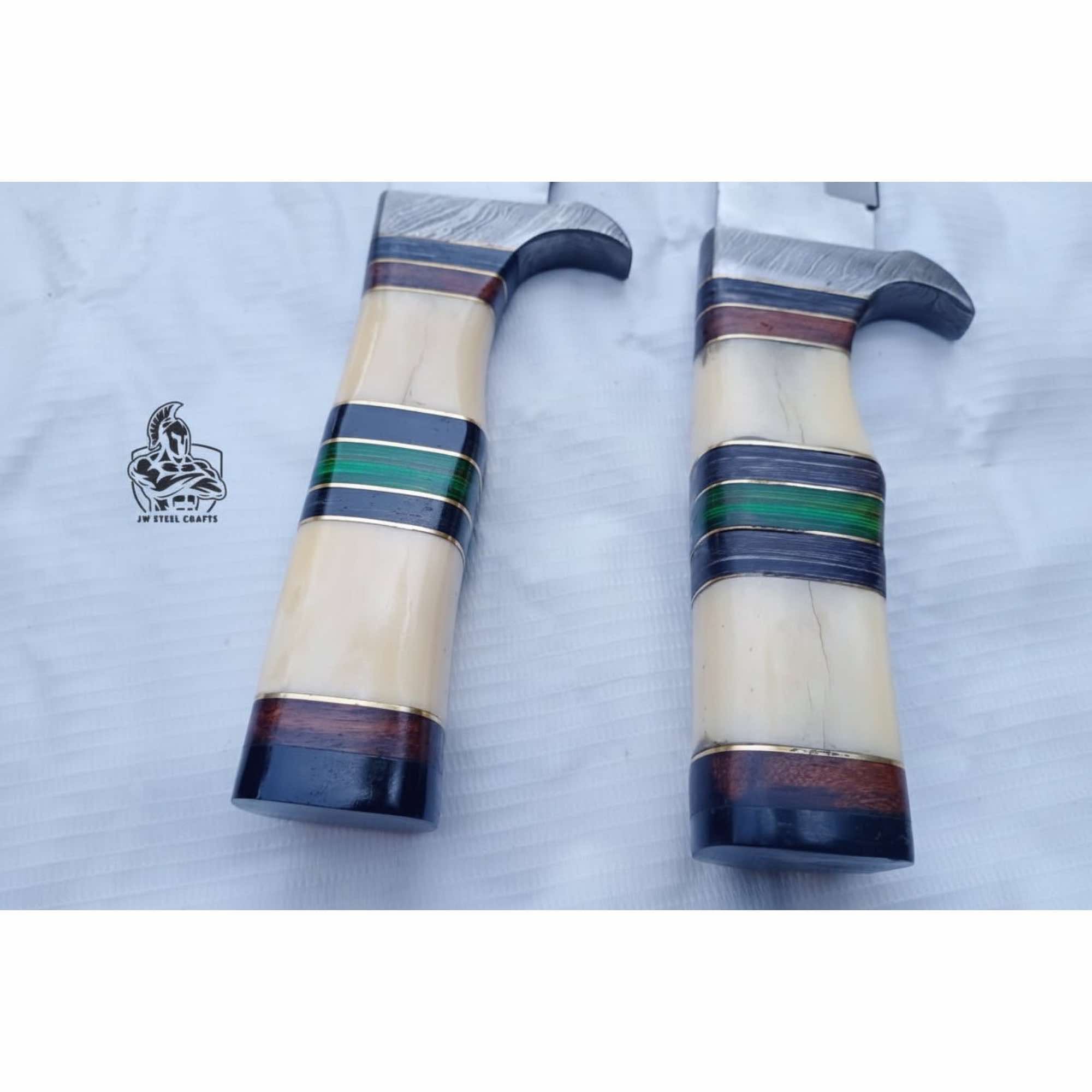 Frontier Bowie Knife Set, Matched Pair Jim Bowie Style Clip Point Knives, Hand Forged Mirror Polish Blades, Stacked Bone Handles, Traditional American Bowie Set with Leather Sheaths