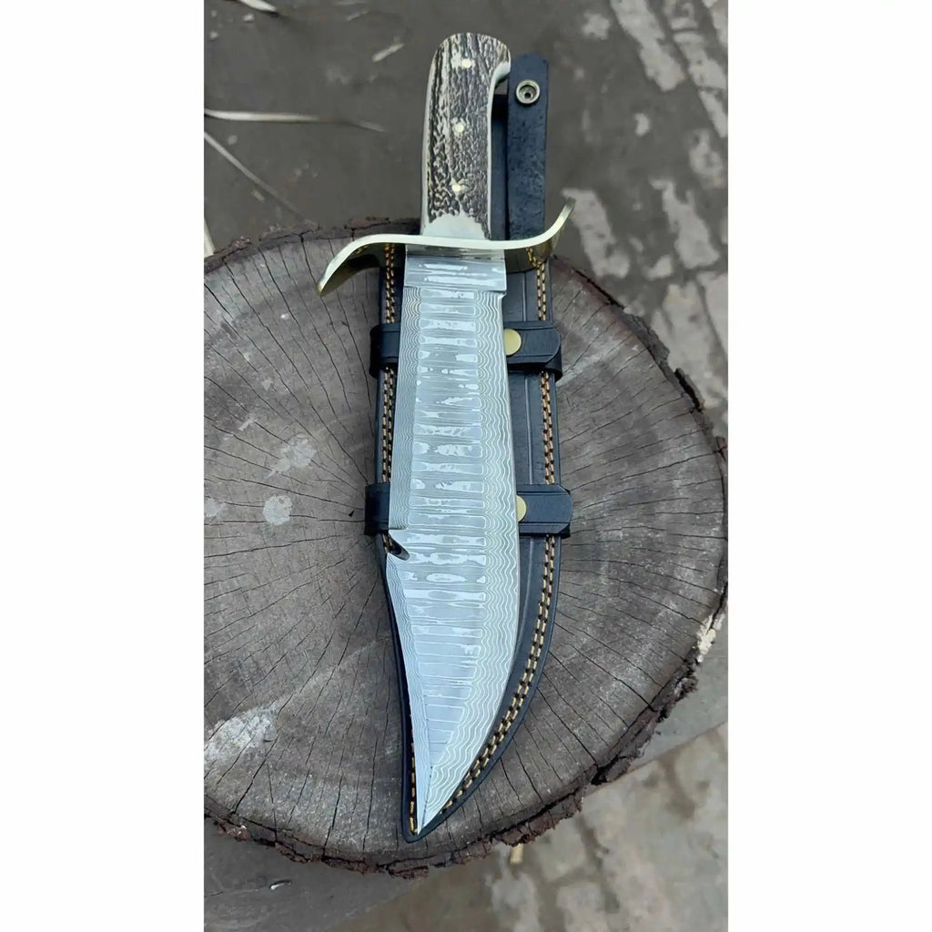 Frontier Bowie Style Hand Forged Damascus Steel Knife with Brass S-Guard, Clip Point Blade, Cut Hook, Stag Handle, Full Tang with Leather Sheath – JW SteelCrafts