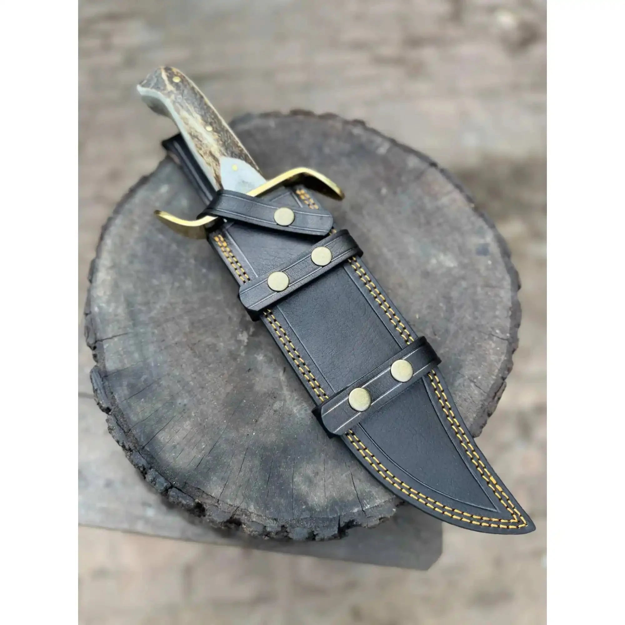 Frontier Bowie Style Hand Forged Damascus Steel Knife with Brass S-Guard, Clip Point Blade, Cut Hook, Stag Handle, Full Tang with Leather Sheath – JW SteelCrafts