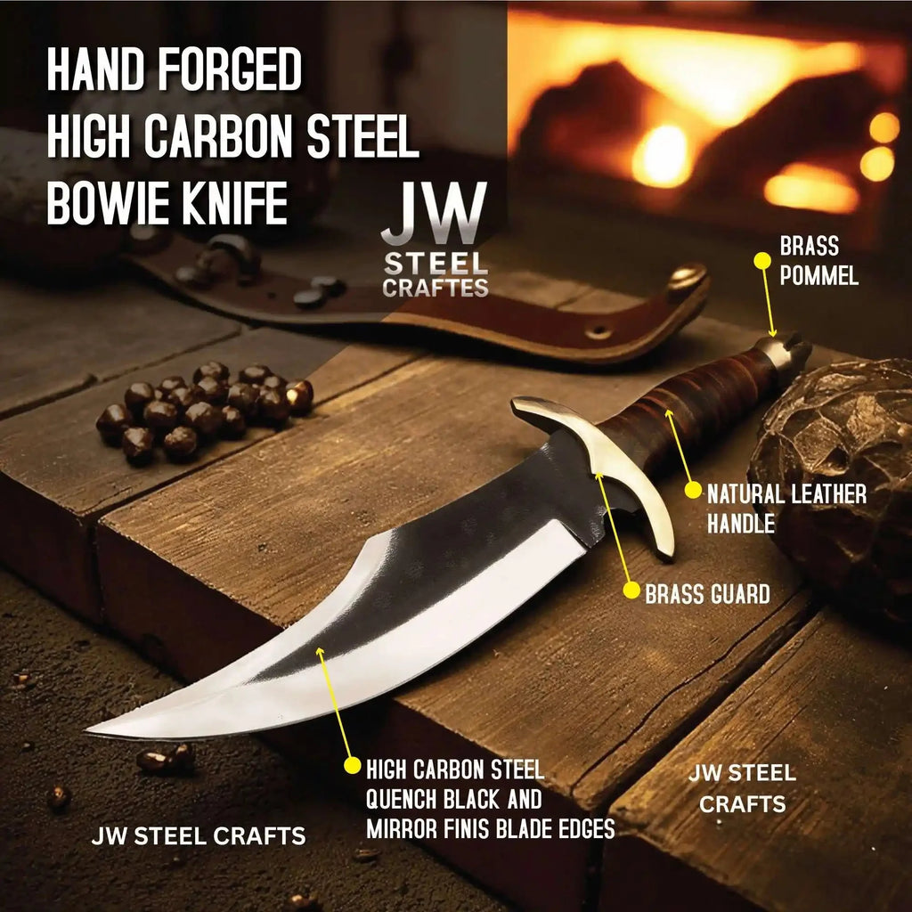 Frontier Clip Point Bowie Knife 13 Inch Blade, Hand Forged High Carbon Steel, Stacked Leather Handle, Brass Crossguard, Handmade Leather Sheath, JW SteelCrafts